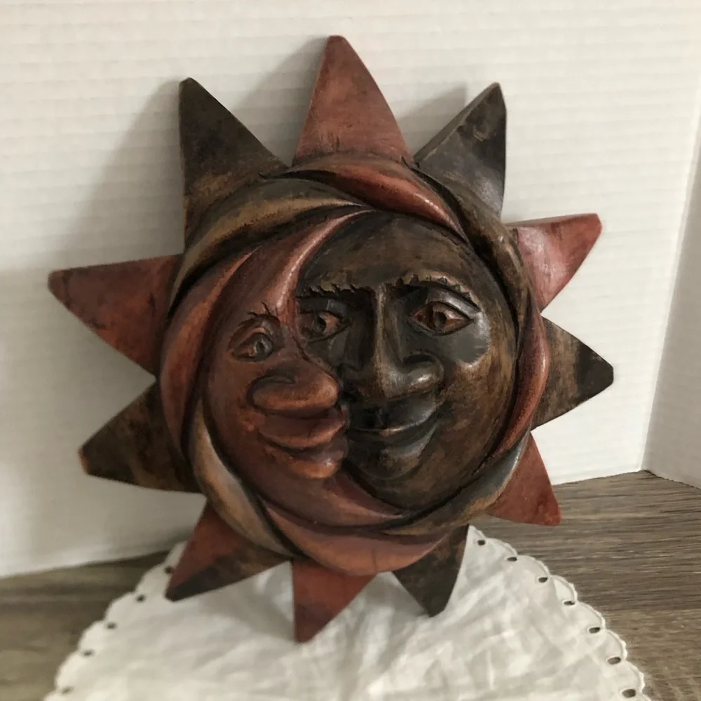 Hand Carved Sun Moon Wood Wall Art - Picture 1 of 10